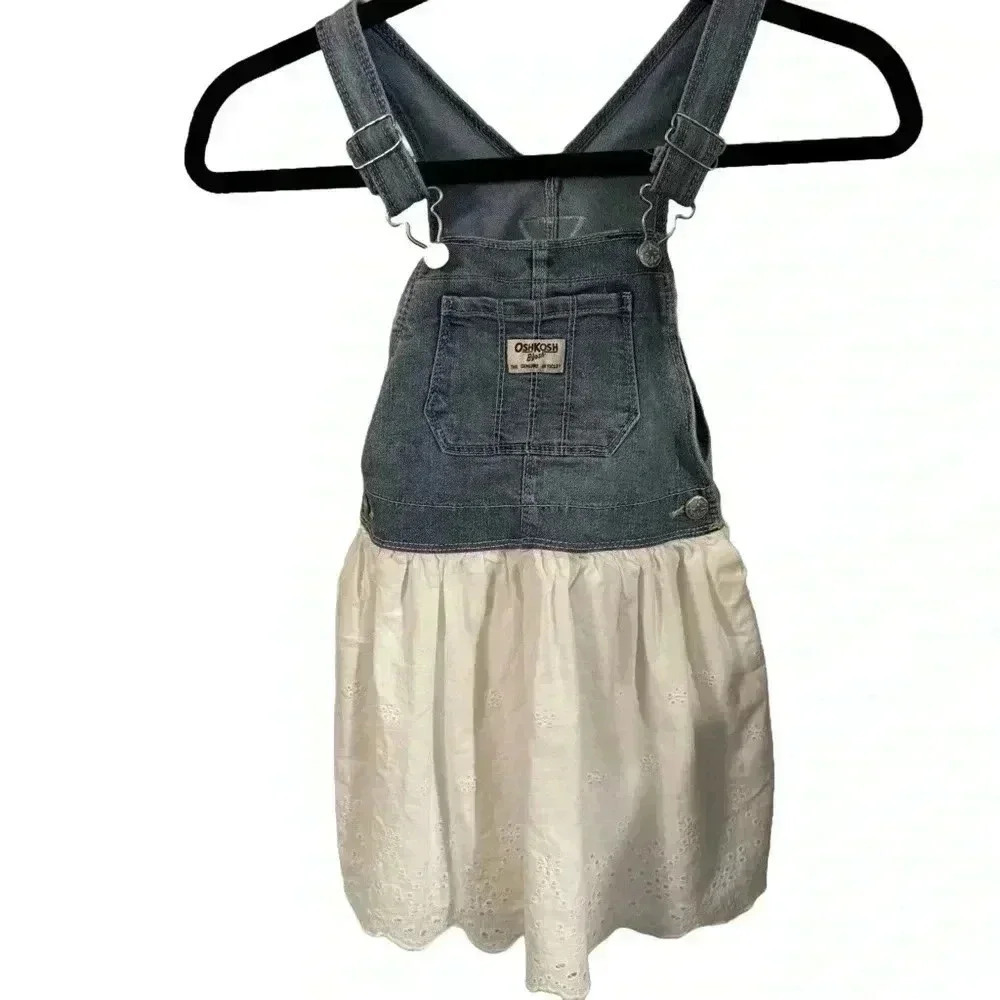 Oshkosh Overall Dress 5T Toddler Denim White Eyelet Cotton Romper